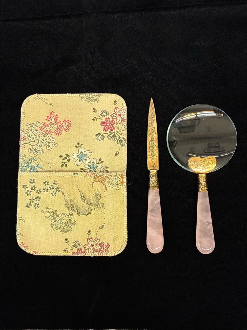 Vintage Rose Quartz Handled Magnifying Glass & Letter Opener w/ Case